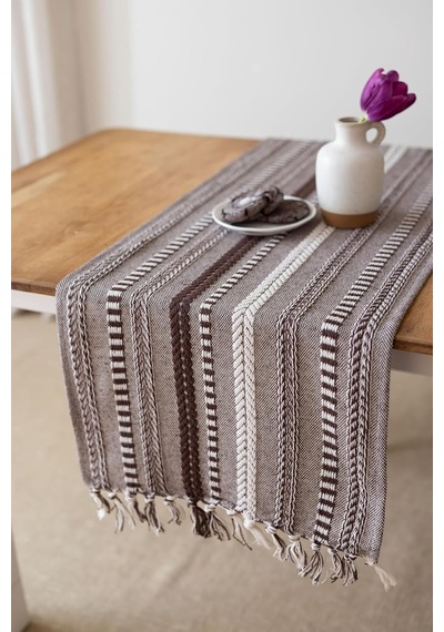 Neula %100 Pamuk Örme Runner 40 X 110 Cm Koyu Kahve Açık Bej