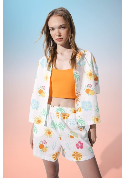 DeFacto Coool Oversize Geniş Kalıp Desenli Pijama Yaka Kısa Kollu Gömlek D5117AX24HSWT34