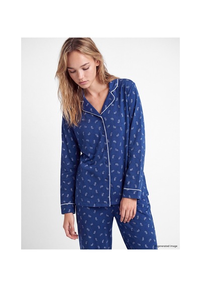 Lcw Dream Lacivert Gömlek Yaka Baskılı Kadın Pijama Takımı