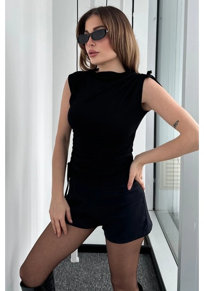 Bb Butik Basic Yan Ve Omuz Büzgülü Bluz siyah