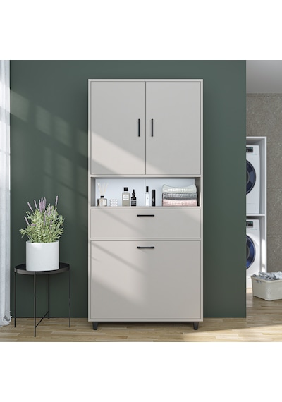 Çamaşır Sepetli Banyo Dolabı, Çok Amaçlı Çekmeceli Dolap 90 X 200 Cm Kumtaşı