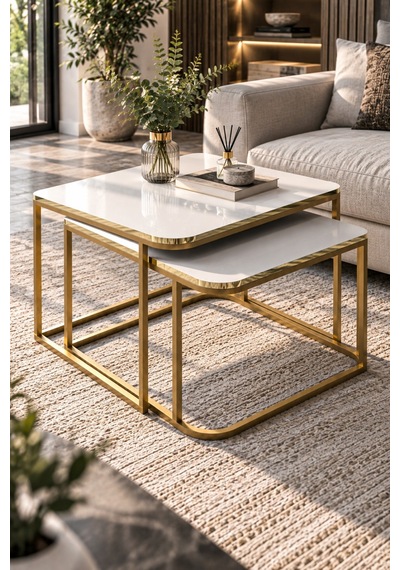 Sulorahome Damla İkili Orta Sehpa Seti Beyaz Ve Gold Altın - Beyaz