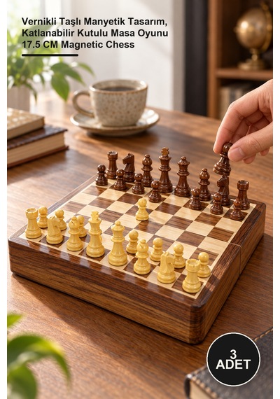 3 Adet Ahşap Satranç Takımı Vernikli Taşlı Manyetik Tasarım, Katlanabilir Kutulu Masa Oyunu 17.5 Cm Magnetic Chess