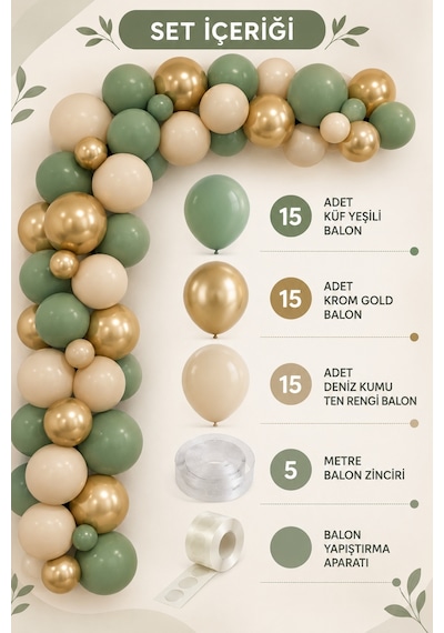 Küf Yeşili 15 Krom Gold 15 Deniz Kumu Pastel Ten Rengi Doğum Günü Ve Nişan Balon Zinciri Set