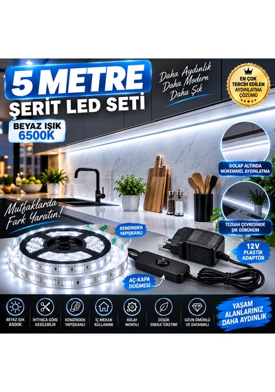 Mutfak Dolap Ayna Aydınlatma 5 Metre Beyaz Aç Kapat Düğmeli Şerit Led Seti 12v Adaptörlü Aç Kapa Düğmeli Kendinden