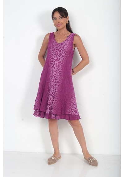 By Saygı Kadın İtalyan Cotton Leopar Desenli Astarlı Sıfır Kol Midi Elbise Mürdüm