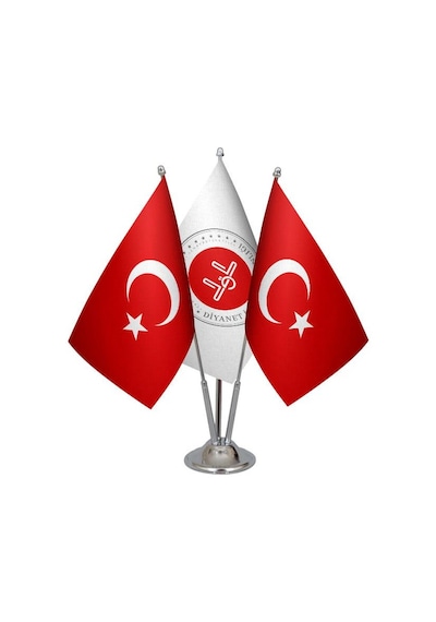 Masa Üstü Diyanet İşleri Bayrağı Türk Bayrağı Üçlü Krom Direk Mas
