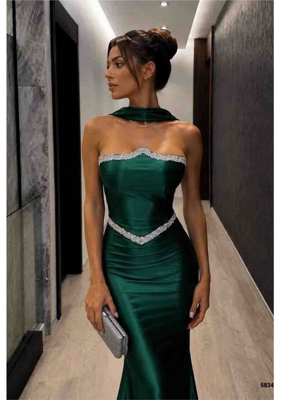 Lior Design Kadın Trend Model Kruvaze Yaka Şık Abiye Elbise Zümrüt