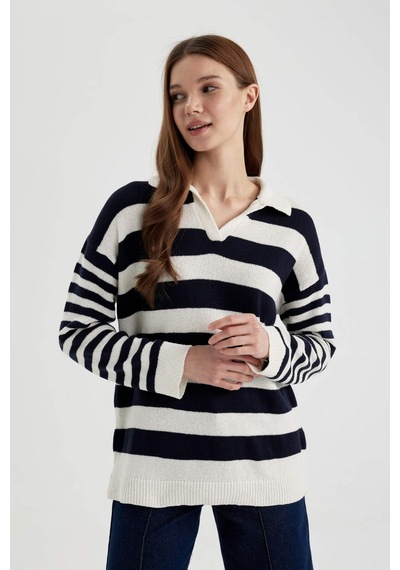 Defacto Regular Fit Çizgili Polo Yaka Tişört Tunik C2850AX24SPNV243 Lacivert