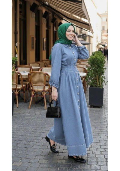 Hb Harma Time Butik Kadın Beli Büzgülü Düğmeli Kot Mavi Elbise