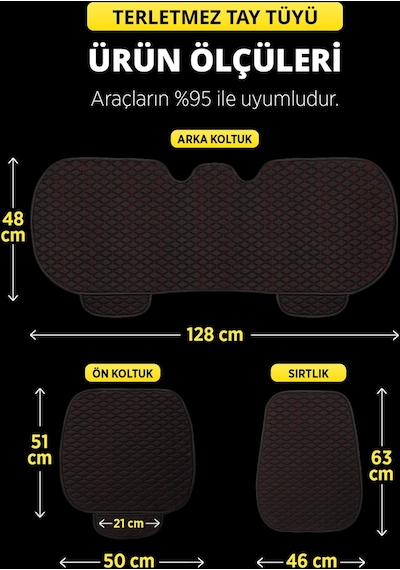 Organic Tay Tüyü Cepli & Terletmez Sırtlı Oto Koltuk Minder Seti - Koltuk Koruma Kılıfı Siyah Kırmızı 3'lü Set