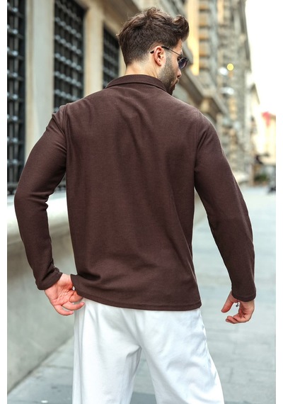 Madmext Acı Kahve Gömlek Yaka Dokulu Regular Fit Erkek Sweatshirt E7203 Acı Kahverengi