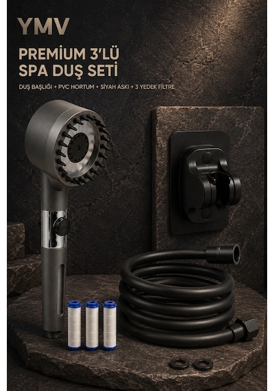 Ymv Premium 3 Lü Spa Duş Seti Masajlı Filtreli Duş Başlığı + 150 Cm Siyah Pvc Hortum + Siyah Askı + 3 Yedek Filtre