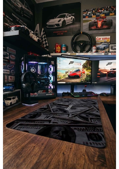 Focus Dolar Banknotları Tasarımı 40x90 Cm Oyuncu Mousepad Kaymaz Taban Büyük Boy Siyah