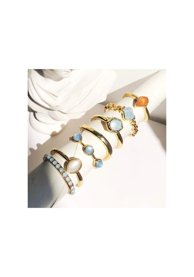 Azure Gold Altın Renkli Kristal Mavi Taşlı Şık Modern Bohem 7 Parça 7'li Yüzük Seti