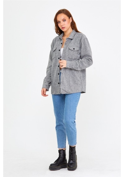 Tarz Cool Kadın Gri Slim Fit Cepli Düz Oduncu Gömlek-kkkodg001r10s Gri