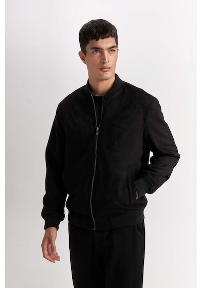 Defacto Slim Fit Dar Kesim Süet Kolej Yaka Fermuarlı Çift Cepli Mevsimlik Baharlık Bomber Mont Ceket A3866AX Siyah