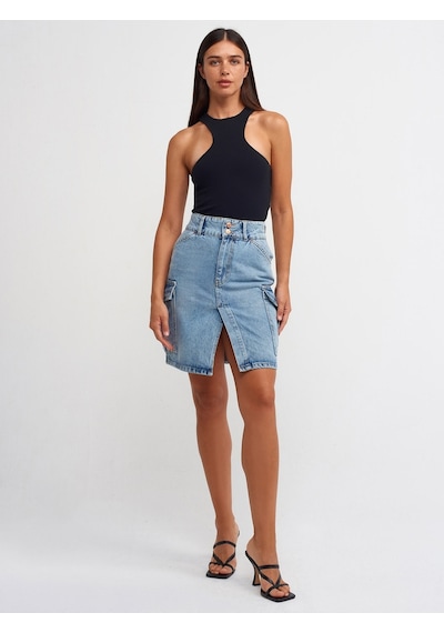 Dilvin 80548 Yanları Cepli Midi Denim Etek-Mavi