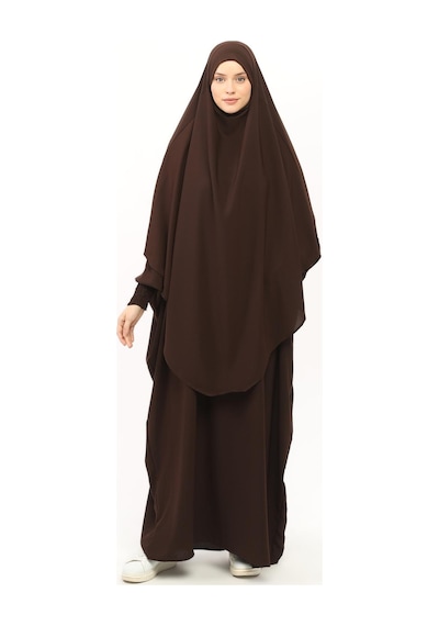 Altobeh Sultanbaş Nikaplı Çarşaf Cilbab Khimar Abaya Kolu Lastikli Hakim Yaka Peçeli Ferace Medine İpek Kahverengi 1412-12-s-m Kahverengi
