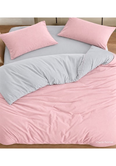 More Home Tek Kişilik Nevresim Takımı Lastikli Çarşaflı Pembe Gri Gri - Pembe