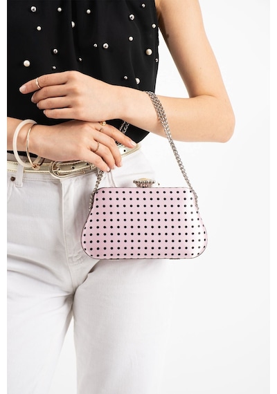 Lebibe Shoes Polkıa Pembe Saten Kumaş Puantiye Desenli Zincir Askılı Klips Kapamalı Clutch Çanta