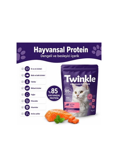 Twinkle Kısırlaştırılmış Kedi Maması 1 Kg - Balıklı Sterilised Kedi Maması -%85 Hayvansal Protein - Tam Ve Dengeli Beslenme - Böbrek Ve Üriner Sistem Desteği