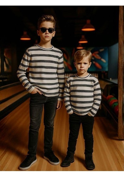Zekids Erkek Çocuk Çizgili Uzun Kollu Triko T-shirt-16349 SIYAH