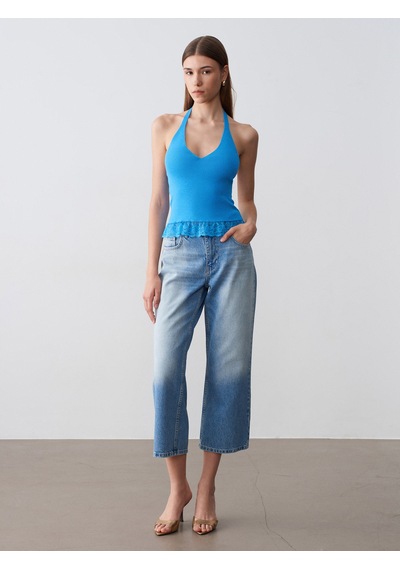 Dilvin 10868 Dantel Detaylı Halter Yaka Triko Bluz-turkuaz