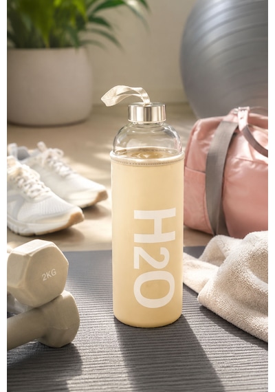 H2o Sağlıklı Cam Matara 1000 Ml Su Şişesi, Pastel Renk Kılıflı 1 Lt Sporcu Suluğu Bej