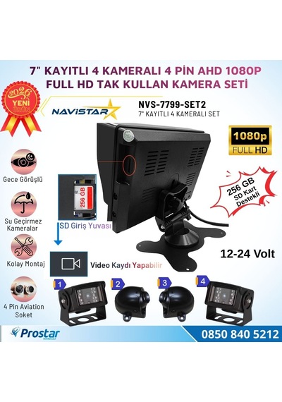 7 İnç Kayıtlı Ahd 1080p 4 Kameralı Full Hd Araç Kamera Sistemi 256gb Sd Kart Destekli Gece Görüşlü Tak Kullan Set