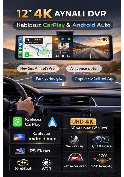 12 İnç 4k Aynalı Araç Kamerası Dvr Kablosuz Carplay Android Auto Sesli Komut Ips Çift Kamera