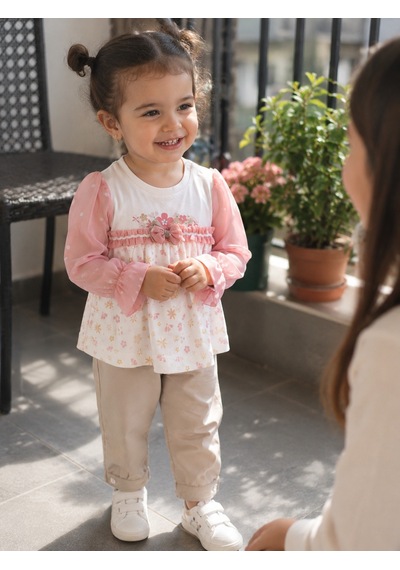 Babyhola Tül Kol Detaylı Kız Çocuk %100 Pamuk Mevsimlik Takım 13672 Somon