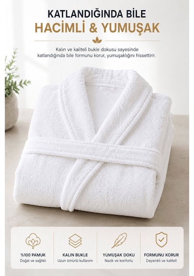 Tek Kişilik Banyo Bornozu %100 Pamuk Şalyaka Bukle Perla Collection Beyaz