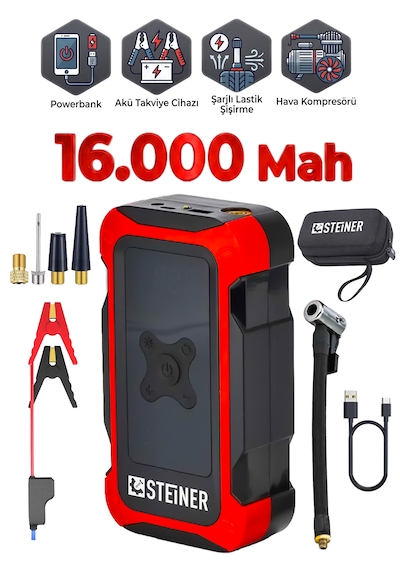 Steiner 16.000 Mah 4'ü 1 Arada 10 Bar Dijital Göstergeli Powerbank Led Fener Şarjlı Akü Takviye Cihazı Hava Kompresörü Kırmızı