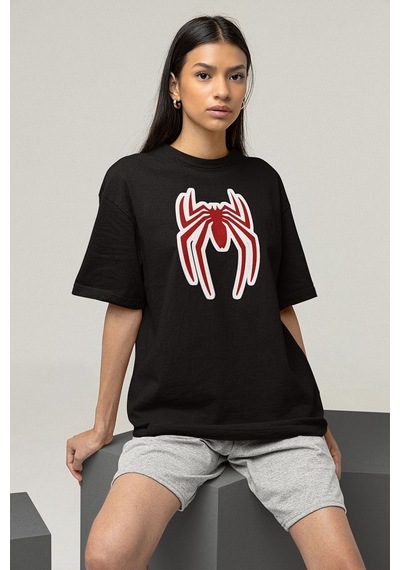 Oversize Film Kahramanı Spider-man Logo Baskılı Unisex Oversize T Siyah