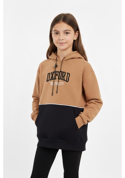Kapşonlu Oxford Baskılı Kanguru Cepli Kız Çocuk Sweatshirt-90863 Kahverengi