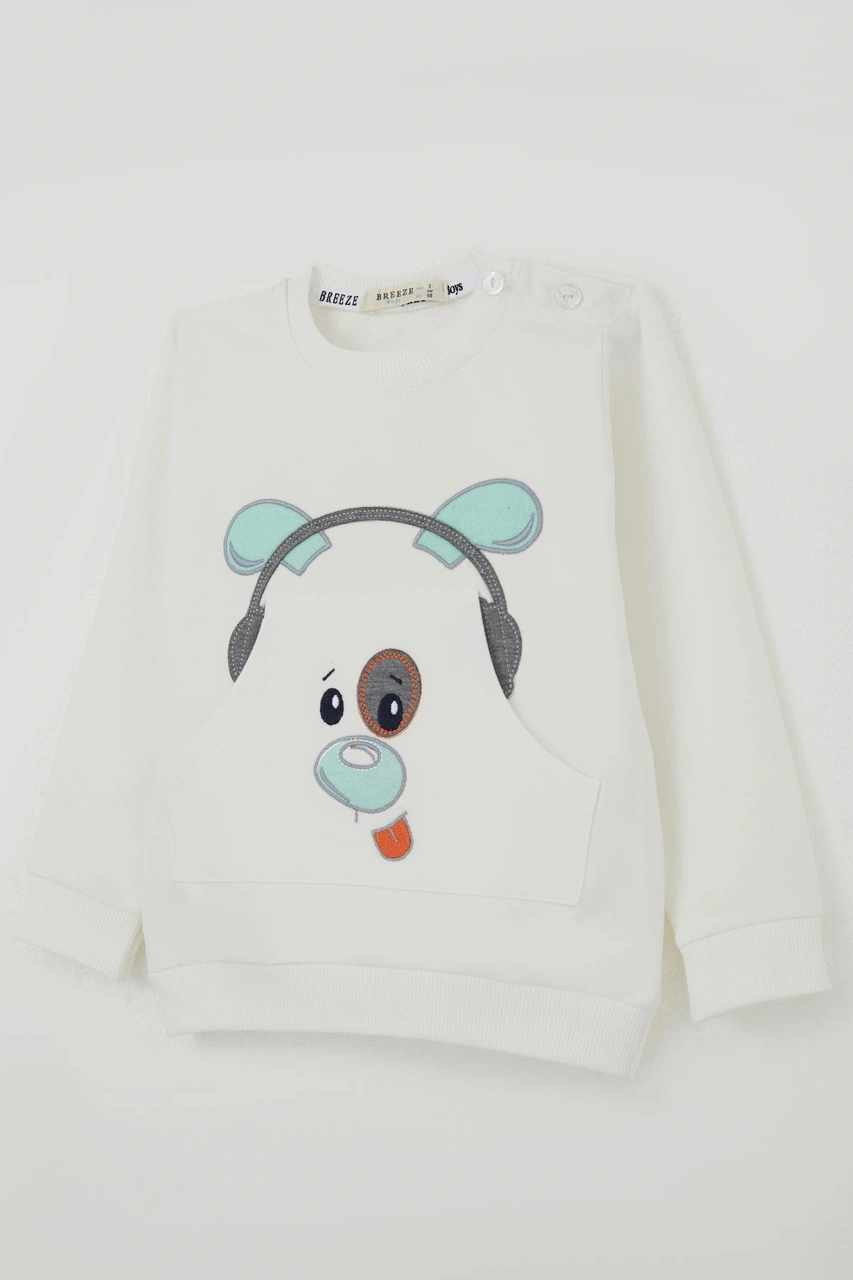 Breeze Erkek Bebek Eşofman Takımı Kulaklıklı Köpekçik Nakışlı 9 Ay-3 Yaş, Beyaz Beyaz
