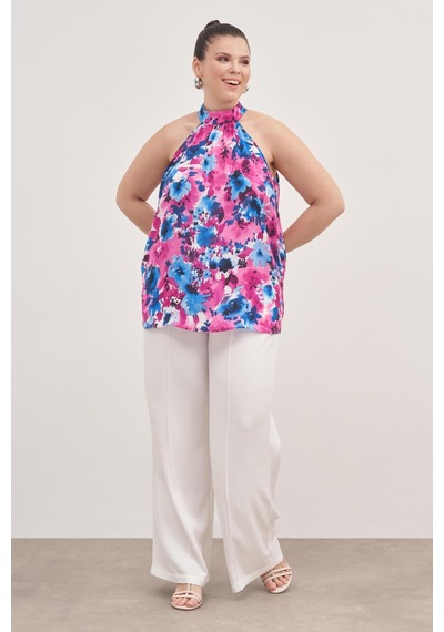 Myline Halter Yakalı Desenli Bluz-1802 Pembe