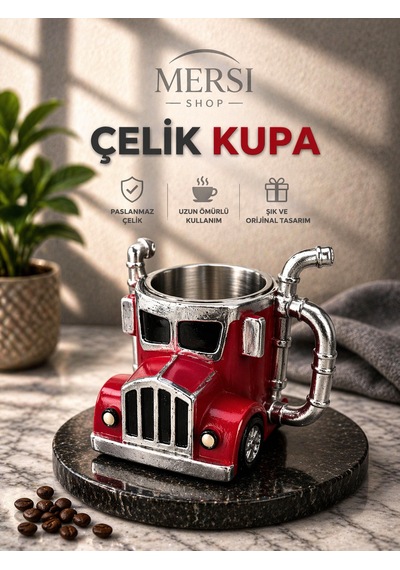Kamyon Tasarımlı Paslanmaz Çelik Kupa Bardak 3d Dekoratif Araç Kupa Altın - Kırmızı