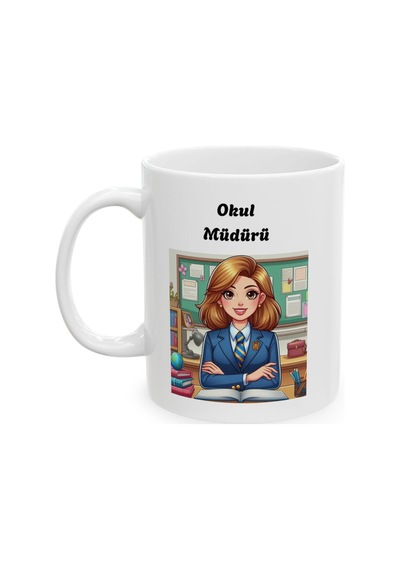 Kadın Okul Müdürü Hediyelik Baskılı Porselen Beyaz Lüks Kupa Bardak Beyaz