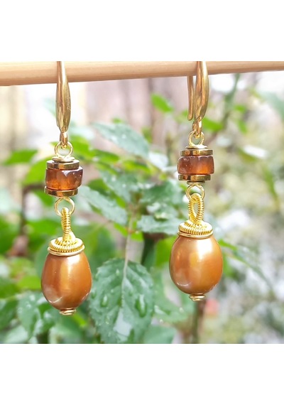 2629 Doğal İnci Hossanite Garnet Hematit El Yapımı Küpe Açık Gold