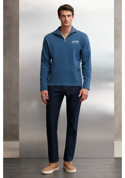 Grimelange Halden  Erkek Içi Polarlı Dik Yaka Yarım Fermuarlı Baskı Detaylı Regular Mavi Sweatshirt