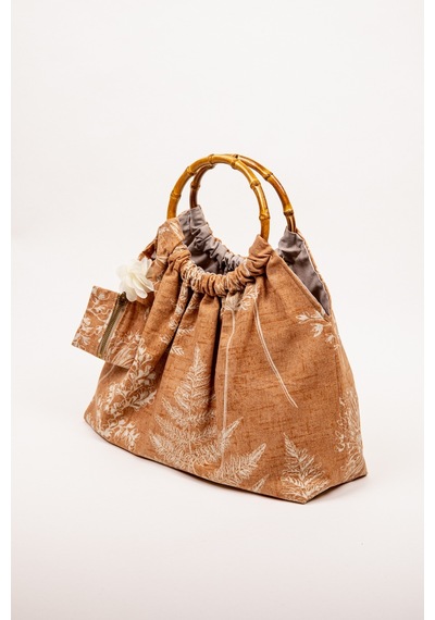 Fabric Craft Bag El Çantası Keten Kumaş Bambu Saplı Çiçek Desen Taba - Kahverengi