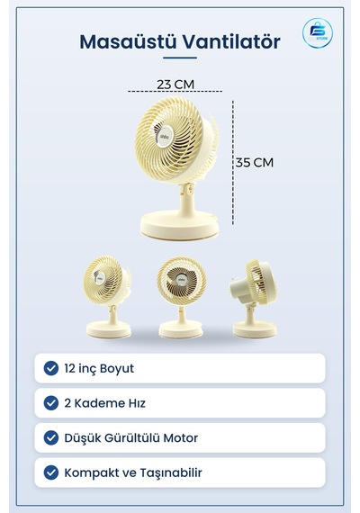 12 İnç Masaüstü Vantilatör 2 Kademe Sessiz Kompakt Taşınabilir Of