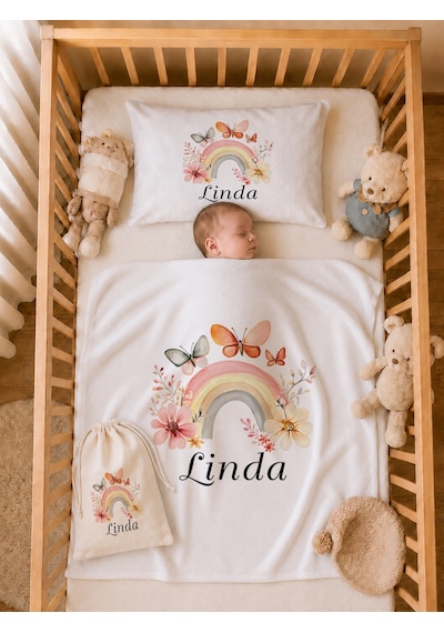 Pia Baby İsme Özel %100 Pamuk Kız Bebek Yastık Battaniyeli Tulum Set Kese Hediyeli 1079tybk3x Krem