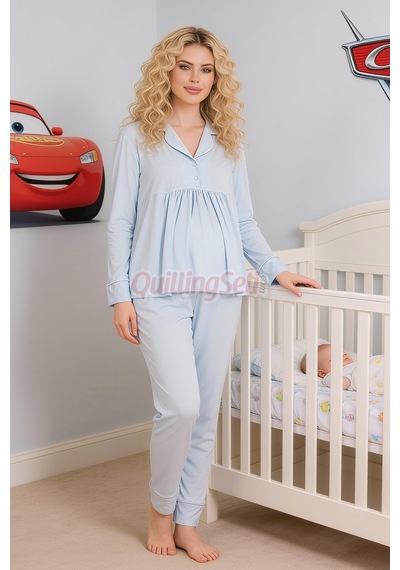 Lady Bebe Mavi Renkli Kol Ve Paçaları Manşetli, 33202 Uzun Kol, 2 Parça Lohusa Hamile Pijama Takımı Açık Mavi
