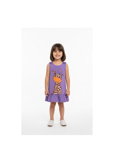 New Kids Baskılı Fırfırlı Fiyonklu Kız Çocuk Elbise-90713 Lila
