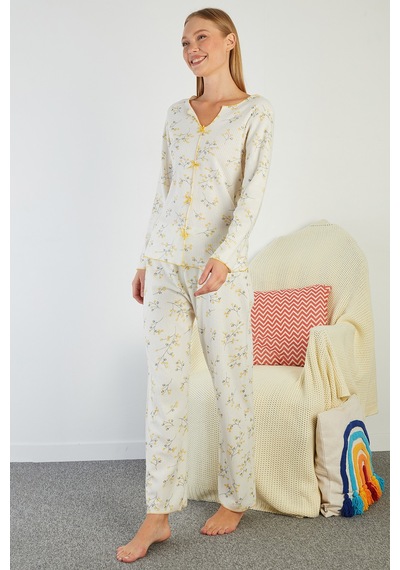 Fullamoda Çiçek Desenli V Yaka Pijama Takımı Sarı