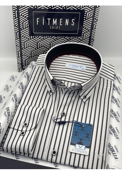 Slim Fit Uzun Kol Premium Kalın Çizgili Yaka Düğmeli Hediye Kutulu Kolay Ütülenebilir Erkek Gömlek Fs-001375 - Beyaz Siyah-2900