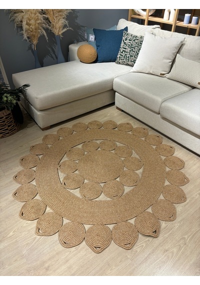 Mavaux Nüans Jüt Hasırlı El Örgüsü Kilim Halı Hasır Yuvarlak Bej